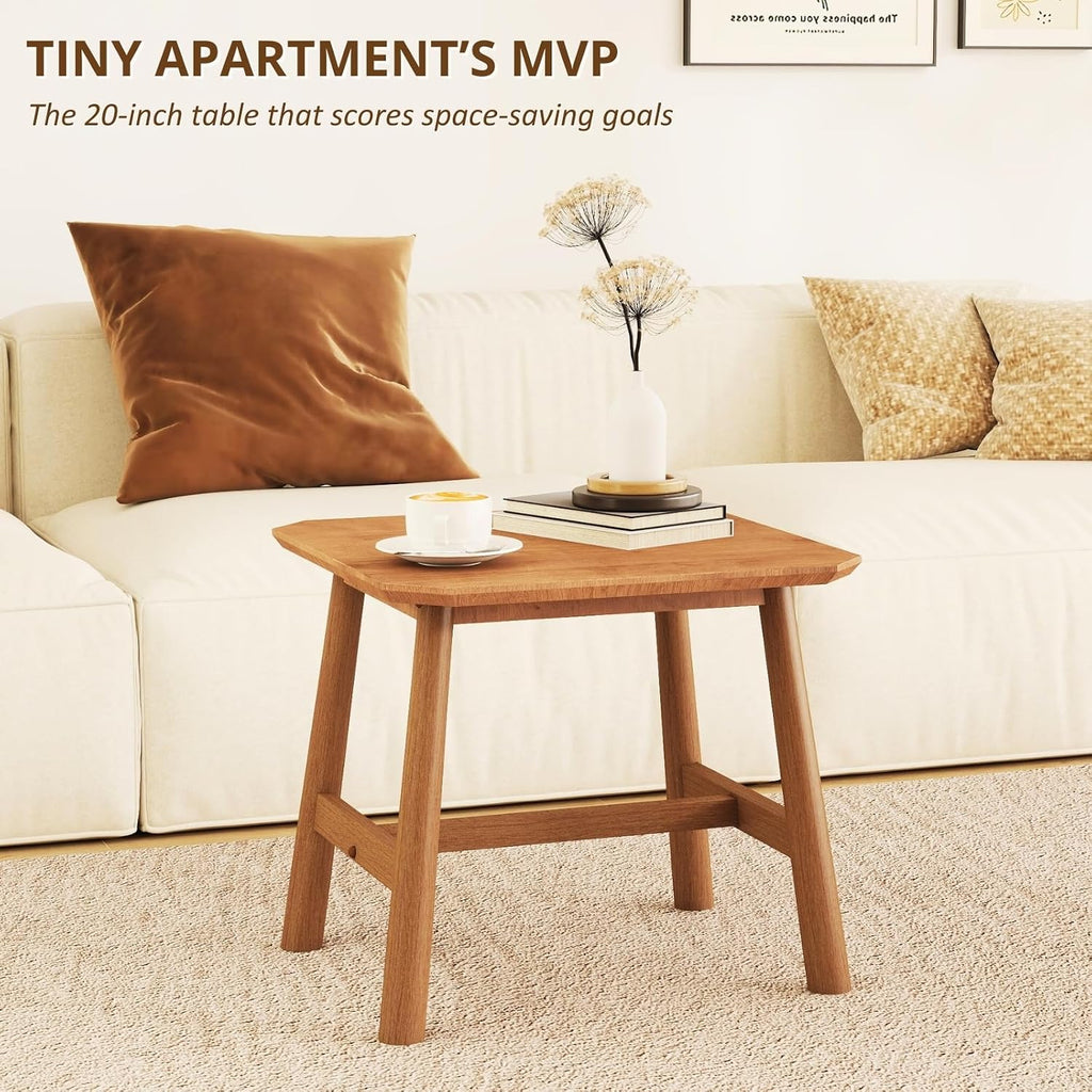 HEAH-YO Natural Wood End Table, 20" Farmhouse Side Coffee Table for Small Space, Space-Saving Nightstand for Living Room Bedroom Dorm, 20" W x 20" D x 18" H