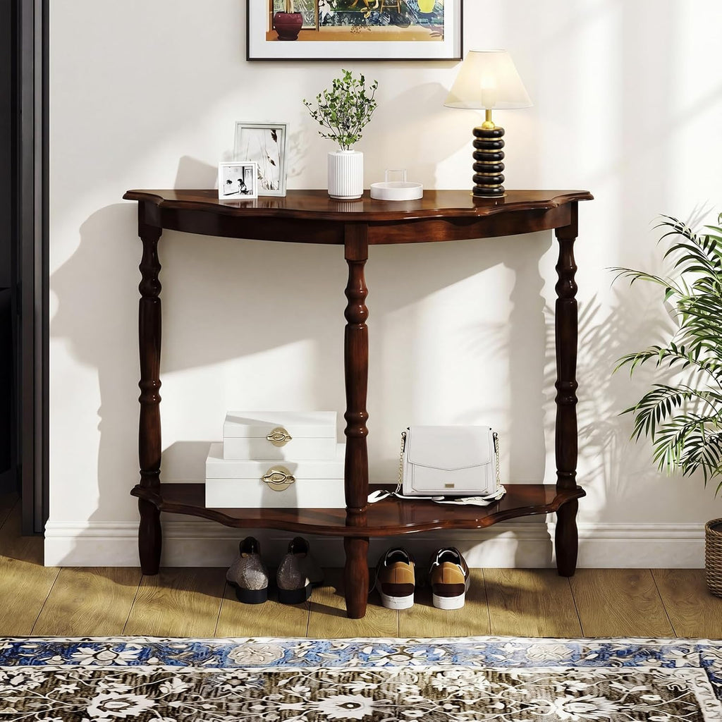 Giantex 42" Half Moon Console Table, 2-Tier Semi-Circle Entryway Table with Storage Shelf & Carved Rubber Wood Legs, Vintage Round Curved Sofa Tables for Living Room, Hallway, Entrance