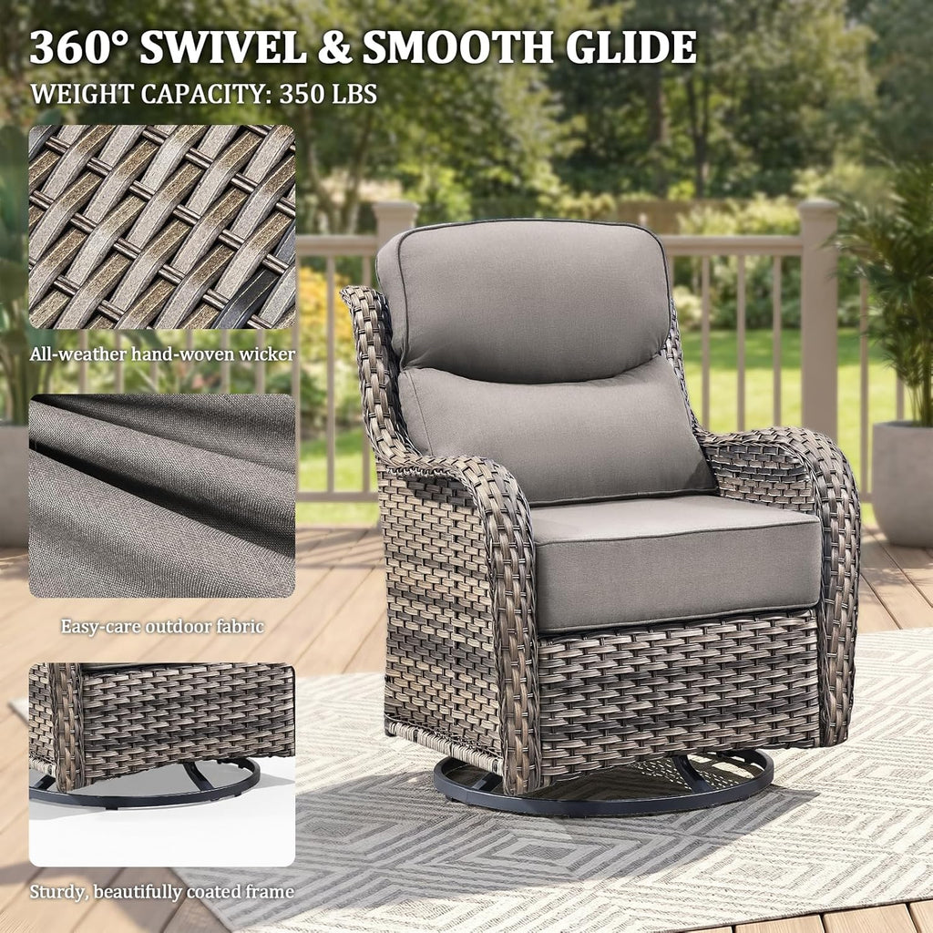 Luxury Swivel Rocker Chairs Fire Pit Set with 6" Thick Cushion 7 piece Wicker Outdoor Patio Chair with Sofa and Ottoman,Comfortable High Back Outdoor Patio Furniture Set - Gery | Gery