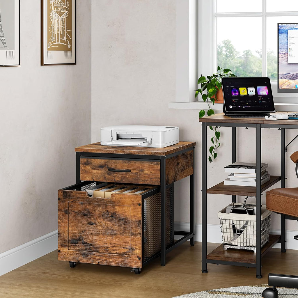 CHOEZON Mini Fridge Stand with Power Outlet, Large Side Table with 2AC and 2 USB Ports, Mobile Beverage Cart with Fabric Drawer for Dorm, Kitchen, Living Room, Rustic Brown and Black TBZ56UBF