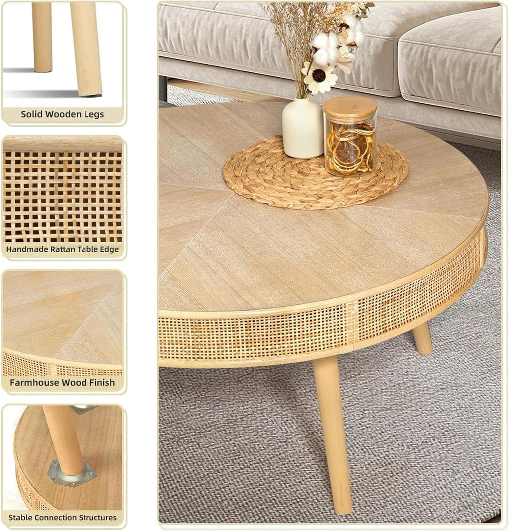 RUSTOWN 2-Piece Round Coffee Table Set with Rattan Accent, Soild Wood Leg, Farmhouse Modern Side Tables for Living Room, Boho Decor, Natural Finish