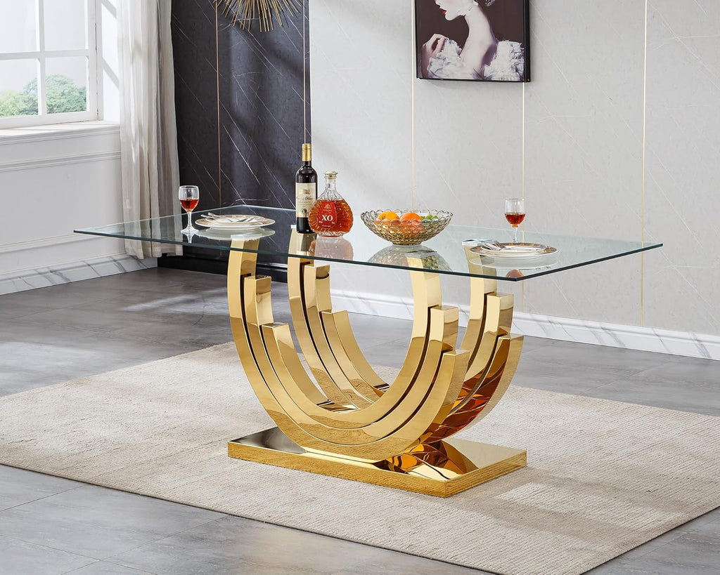 SSLine 7-Piece Gold Glass Dining Table Set for 6, Modern Luxury 70" Glass Dining Room Table with Three-Ring Shape Stainless Steel Base, Elegant Kitchen Table Set with 6 Beige Tufted Chairs