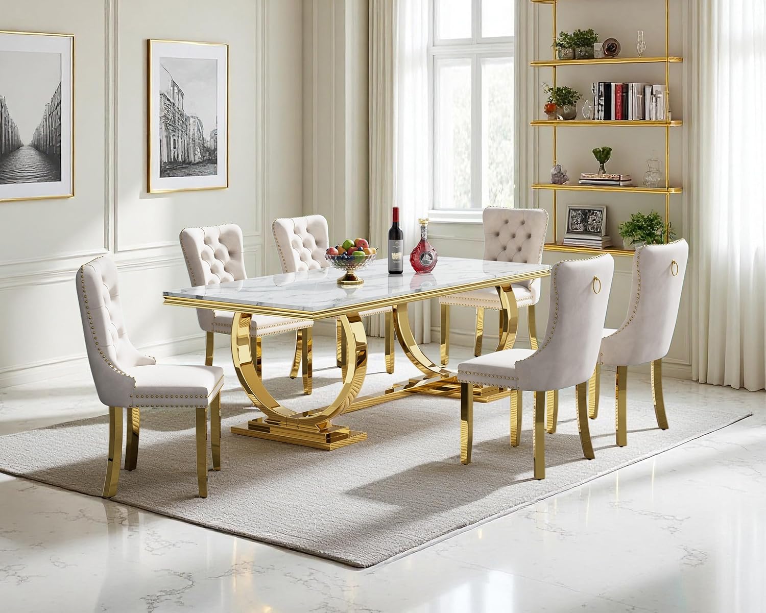 7 Piece Dining Table Set, White Faux Marble Dining Table with 6 Beige Velvet Dining Chairs, 68.11" Kitchen Table and Chair Set with Gold Stainless Steel Base, Luxury Dining Table Set for Kitchen