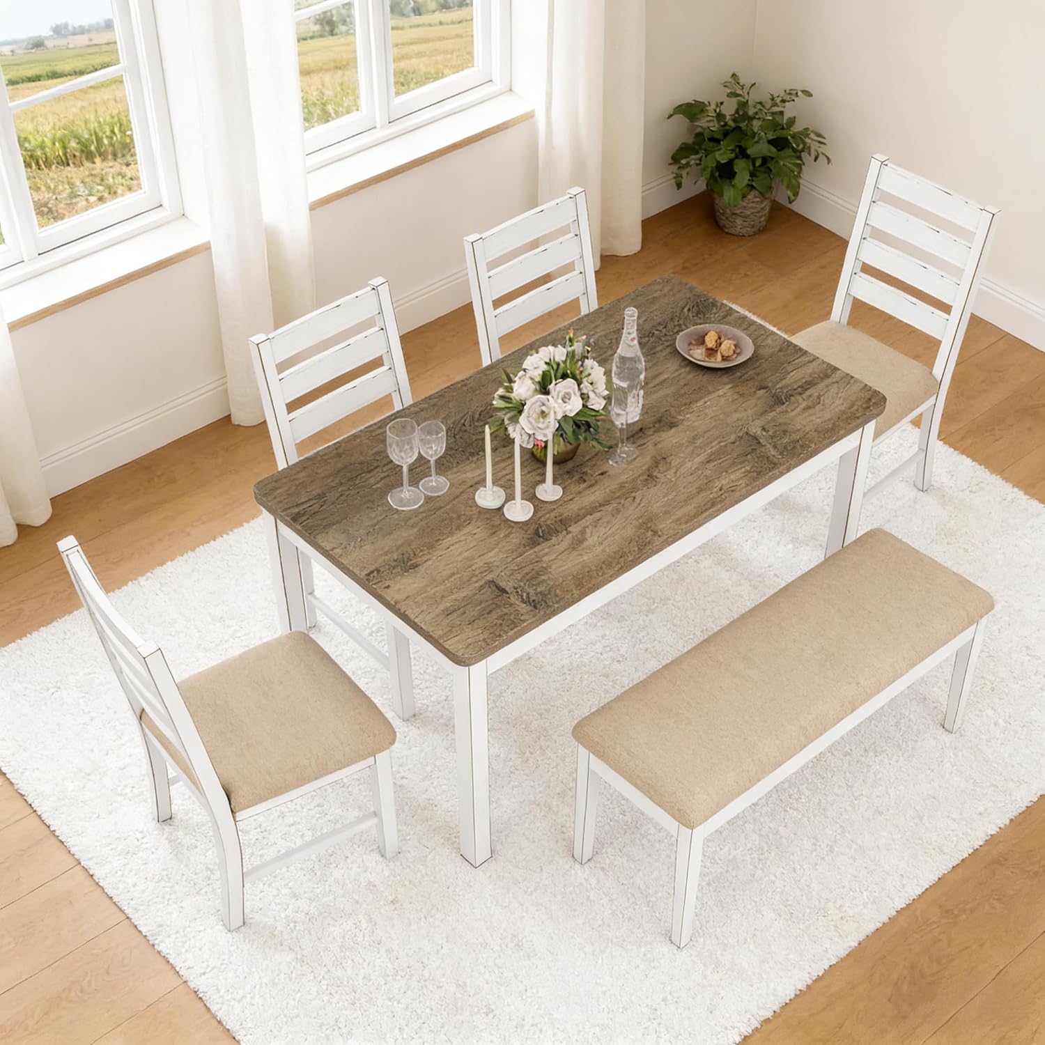ROCSUMOO Farmhouse Dining Table Set with 4 Chairs and 1 Bench, 59" White Kitchen Table Set, Rectangular Dinner Room Table & Chairs Set Wood (4 Chairs & 1 Bench)
