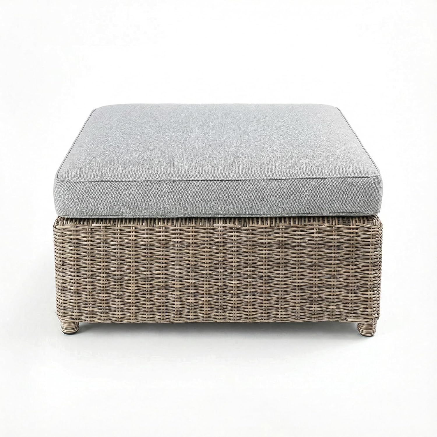 Martha Stewart Lily Pond Rattan Wicker Indoor-Outdoor Patio Ottoman in Weathered Gray with 4" Gray Olefin Cushion, Steel Frame and Zippered Removable Cushion Cover