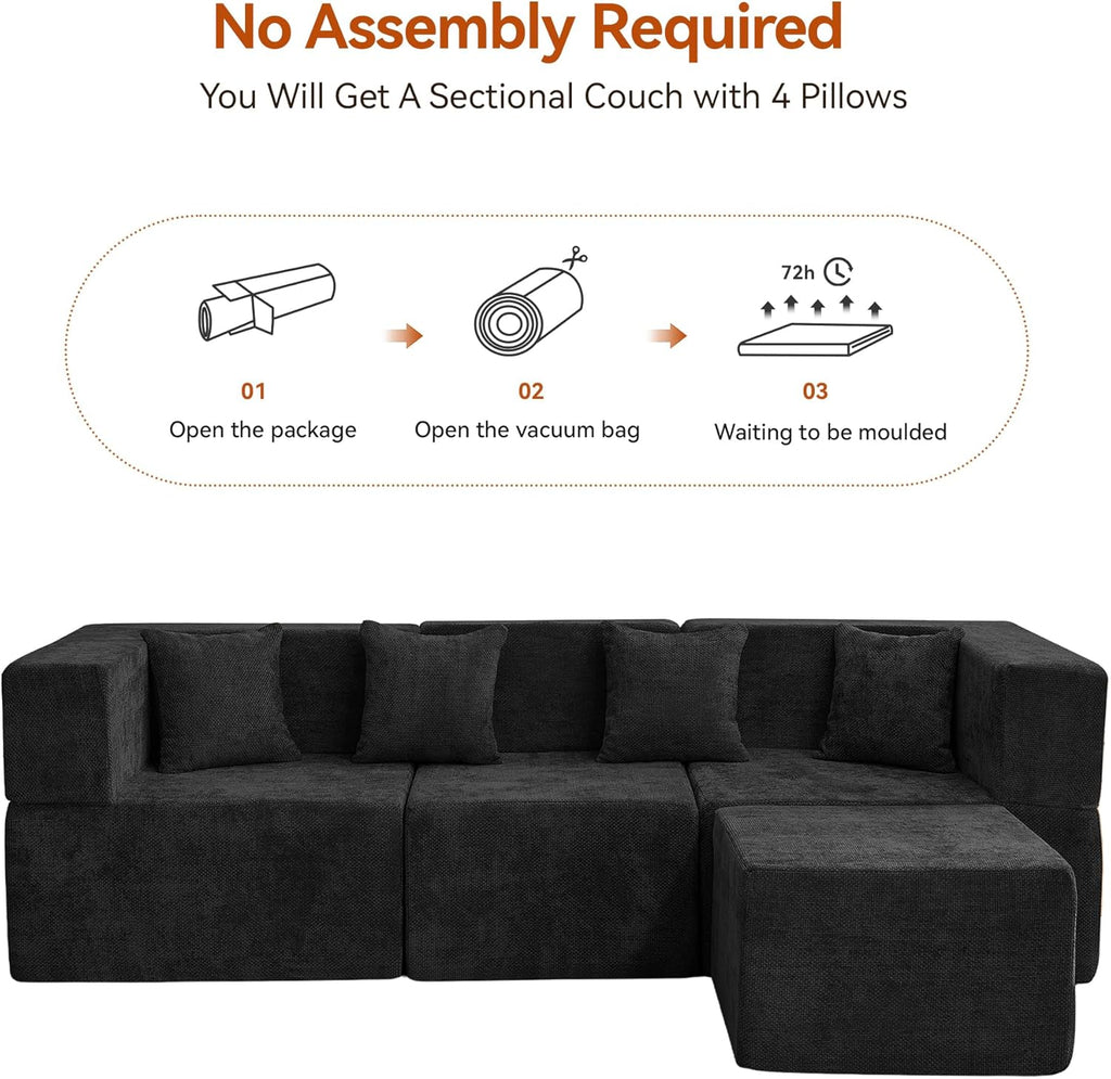 MONVANE 103'' Modular Sectional Sofa, Comfy Chenille Cloud Couch with Ottoman, Modern Convertible L Shaped Couch with Deep Seat, Sectional Couches for Living Room, Bedroom and Apartment, Black