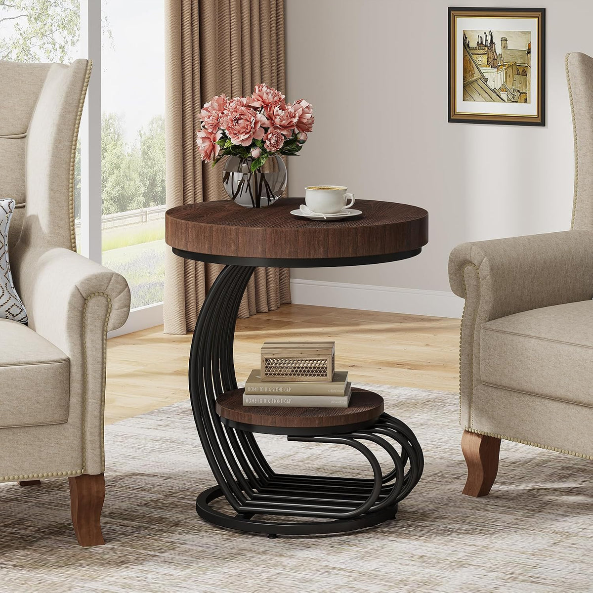 Tribesigns Round End Table, 2-Tier Farmhose Wood Side Table with Shelf Storage, Small Sofa Side Bedside Nightstand, Arc-Shaped Frame Accent Furniture for Living Room, Rustic Brown