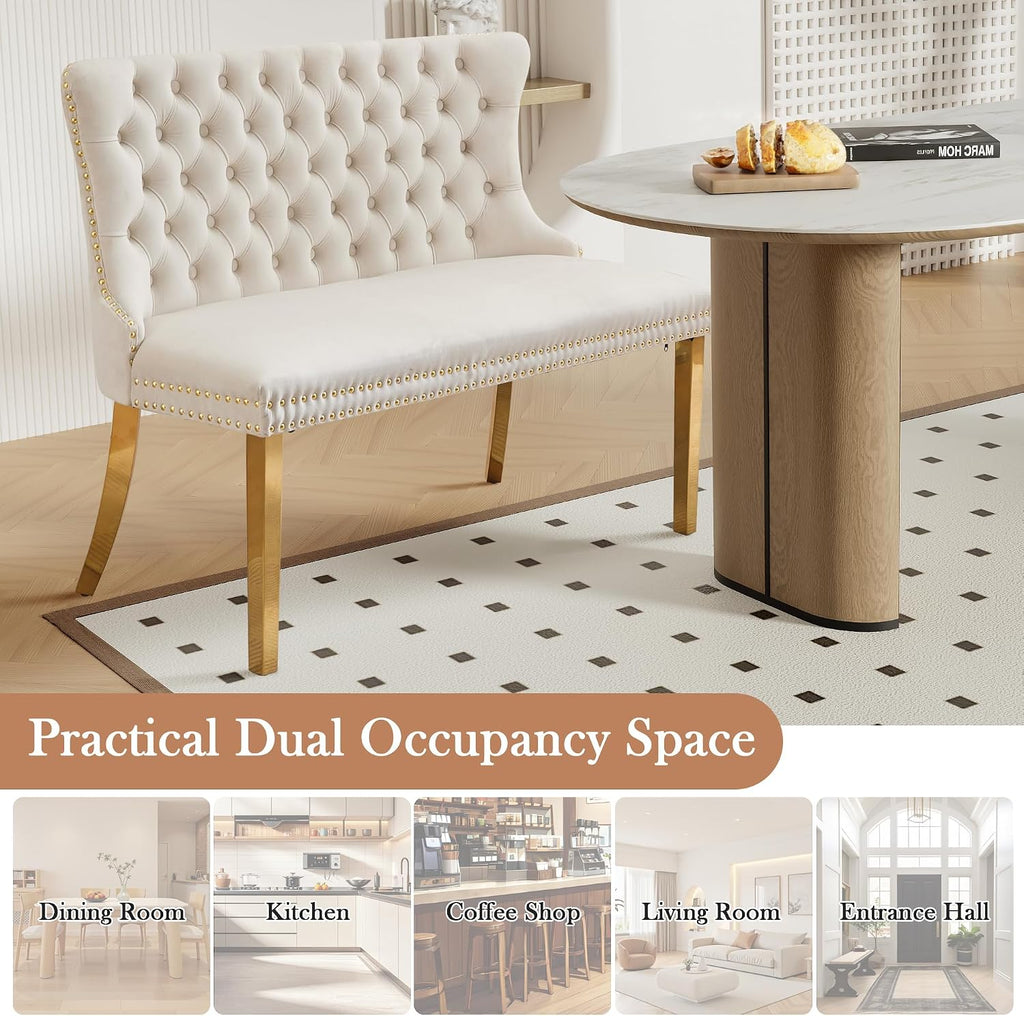 Velvet Double Upholstered Dining Bench with Wing Back, Small Loveseat Sofa Couch, Tufted Upholstered 2-Seat Design, Glod Stainless Steel Legs, for Dining Room, Kitchen, or Entryway, Beige