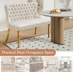 Velvet Double Upholstered Dining Bench with Wing Back, Small Loveseat Sofa Couch, Tufted Upholstered 2-Seat Design, Glod Stainless Steel Legs, for Dining Room, Kitchen, or Entryway, Beige