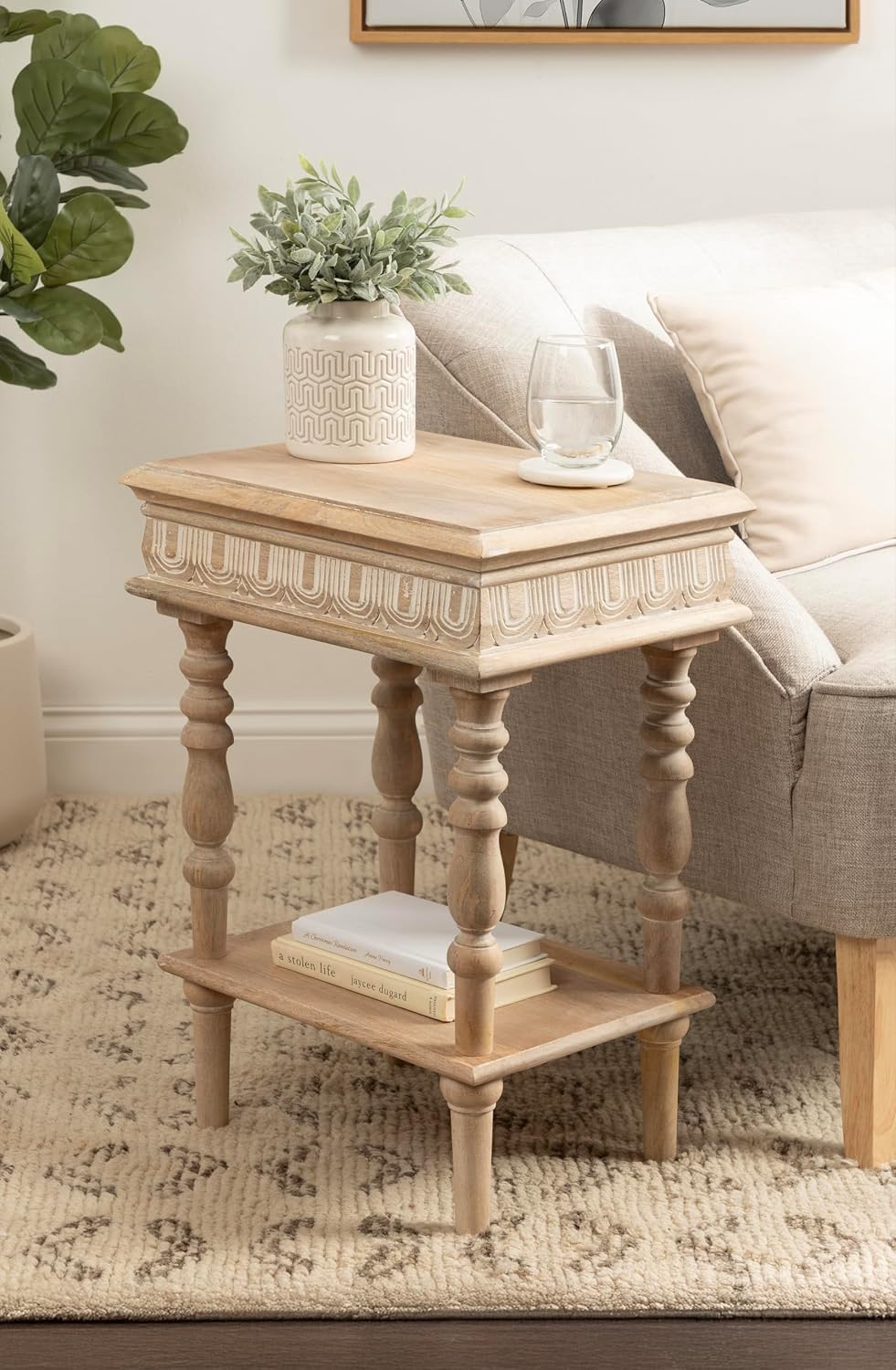 Kate and Laurel Patresa Traditional Carved Wood Side Table, 18 x 14 x 24, Light Natural, Decorative Rectangle End Table with Tiered Design for Use as Bedroom Nightstand
