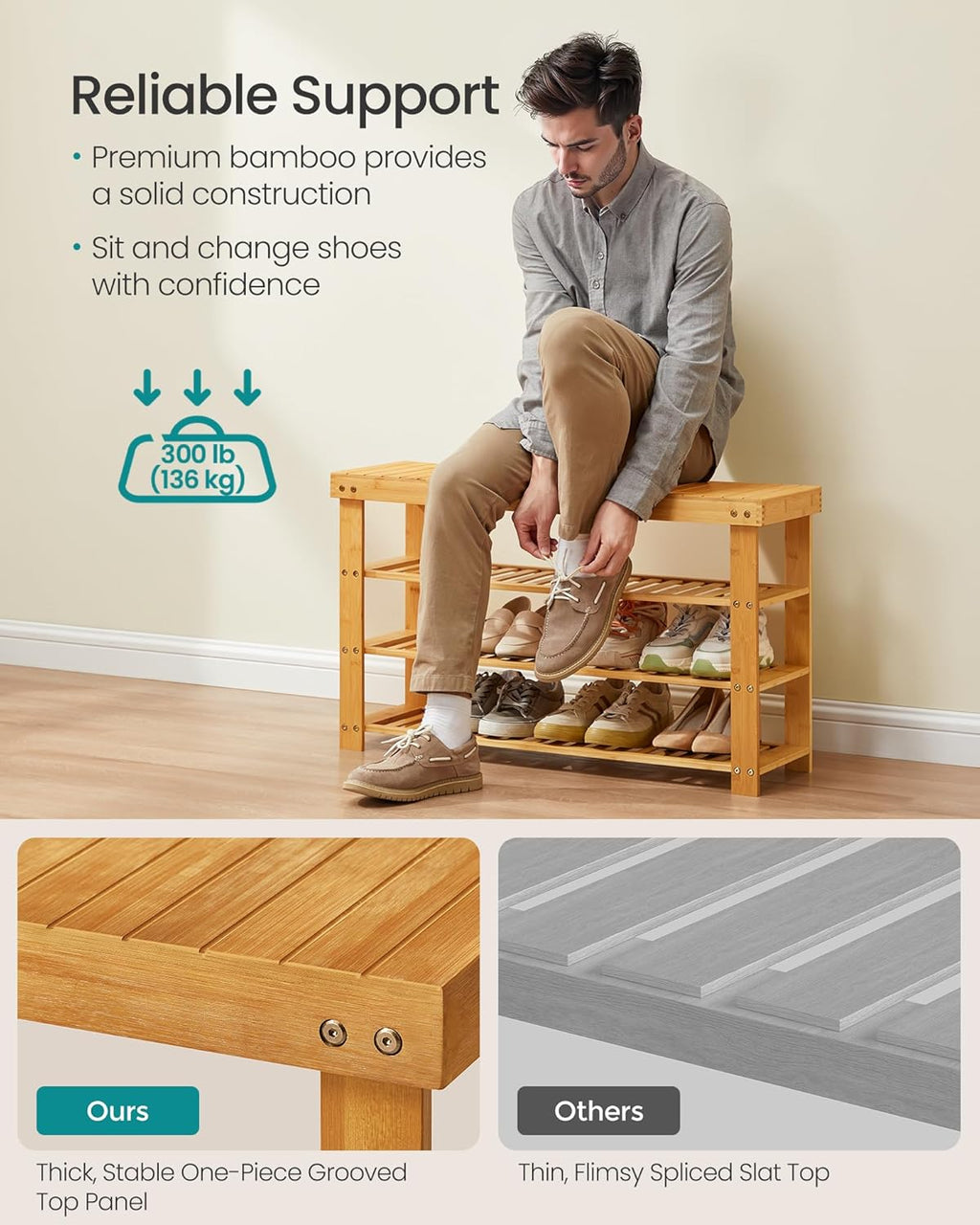 SONGMICS Shoe Rack Bench, 4 Tier Bamboo Shoe Storage Organizer, Entryway Bench, for Living Room, Bathroom, Bedroom, 11.3 x 35.2 x 20.5 Inches, Light Bamboo ULBS390YL01