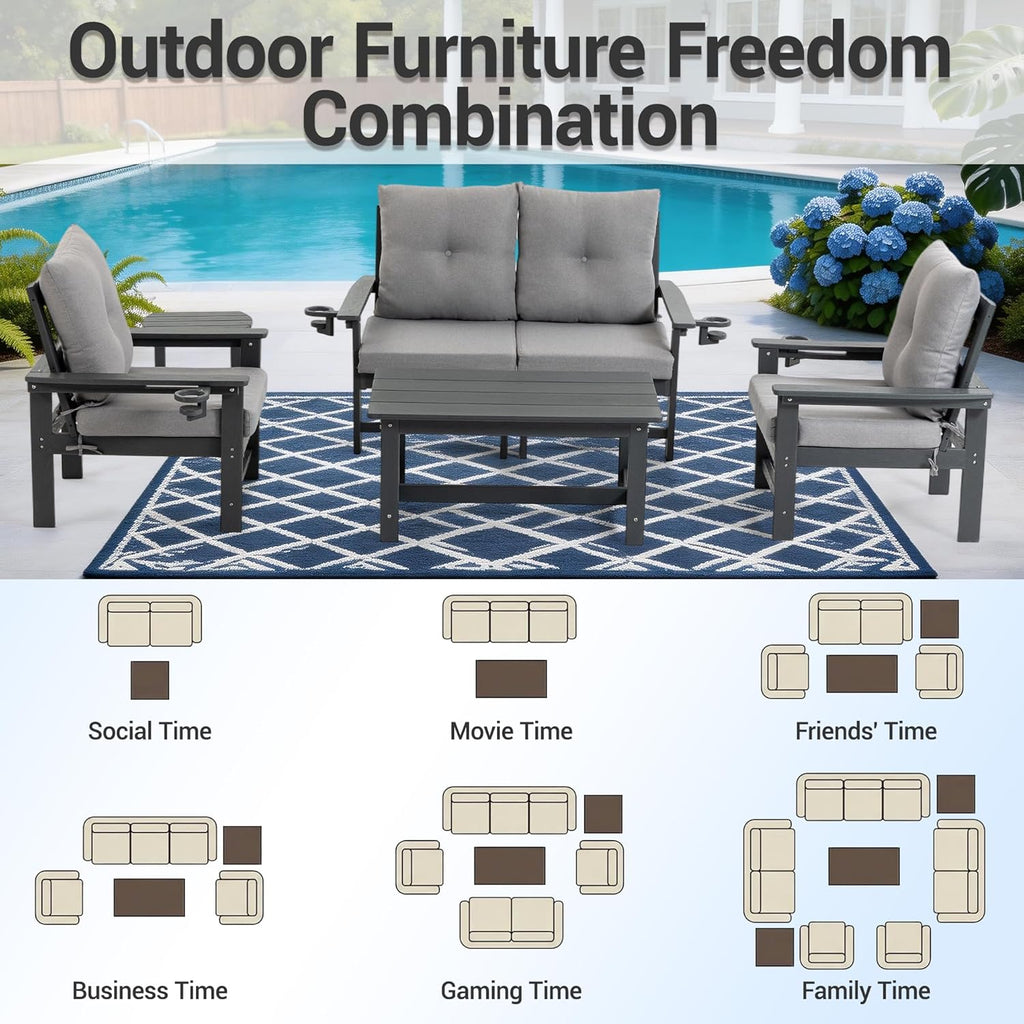 HDPE Patio Armchairs Set of 2 w/Cup Holeder, Outdoor Sectional Couch w/Thick Gray Cushions, Deep Seating Single Sofa for Garden, Deck, Front Porch, Grey