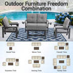HDPE Patio Armchairs Set of 2 w/Cup Holeder, Outdoor Sectional Couch w/Thick Gray Cushions, Deep Seating Single Sofa for Garden, Deck, Front Porch, Grey