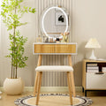 Small Vanity Desk with Mirror and Lights, Wooden Handles with Cushioned Stool, 3 Lighting Modes Round Makeup Table with Upgraded Silent Slides, Compact Vanity for Small Spaces, Natural Oak
