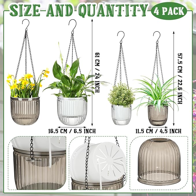 Maxcheck 4 Pcs Self Watering Hanging Planters Indoor Gift 6.5'' 4.5'' Hanging Flower Pots Baskets Outdoor Self Watering Plant with 3hooks Drainage Holes for Home(Grey,Clear)