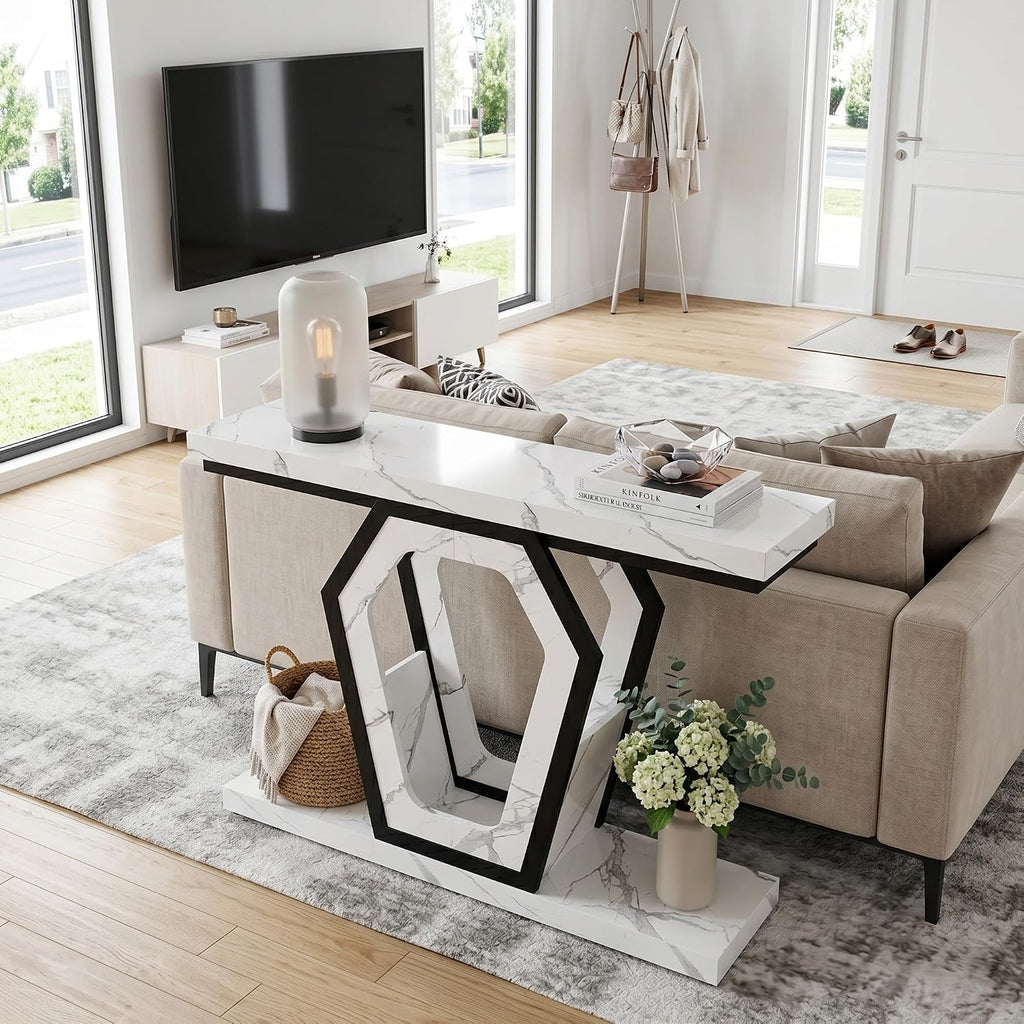senlin Sofa Table 47.3 Inch Narrow Console Table with Openwork Frame, Industrial Entryway Table for Hallway, Rustic Wood and Metal, Adjustable Leg Pads, Easy Assembly（White Marble Texture）