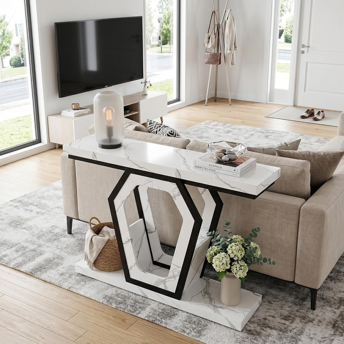 senlin Sofa Table 47.3 Inch Narrow Console Table with Openwork Frame, Industrial Entryway Table for Hallway, Rustic Wood and Metal, Adjustable Leg Pads, Easy Assembly（White Marble Texture）