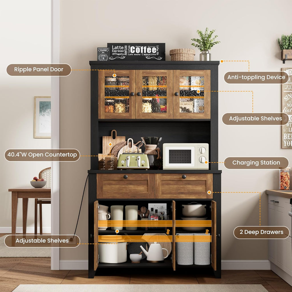 GarveeHome 66" Tall Pantry Cabinet with Power Outlet & LED Light, Kitchen Pantry Storage Cabinets with Countertop, Large Kitchen Hutch with Storage Drawers & Water Ripple Acrylic Panel Cabinet Door