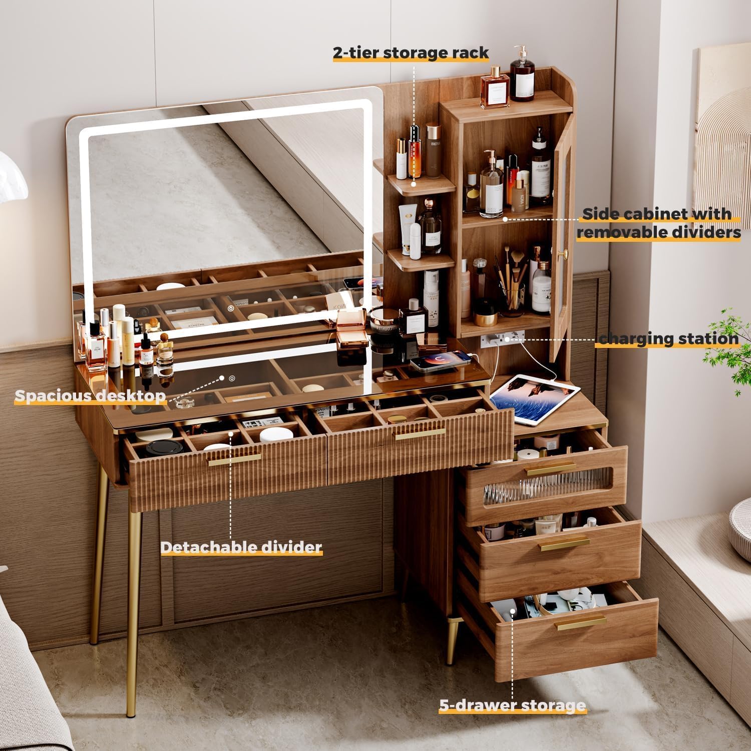 Arulvmrn Vanity Desk with 29.53" HD Lighted Mirror, 47.24" Big Modern Vanity Desk with Mirror and Lights, Makeup Vanity with 5 Drawers and Storage Shelves and Charging Station,B0F7QPHWWM