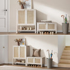 SICOTAS Rattan Shoe Rack Bench with Lift Top Storage: White Farmhouse Boho Shoe Cabinet Entryway Bench with Safety Hinges, Wooden Storage Chest for Bedroom, Entryway, Hallway, Living Room