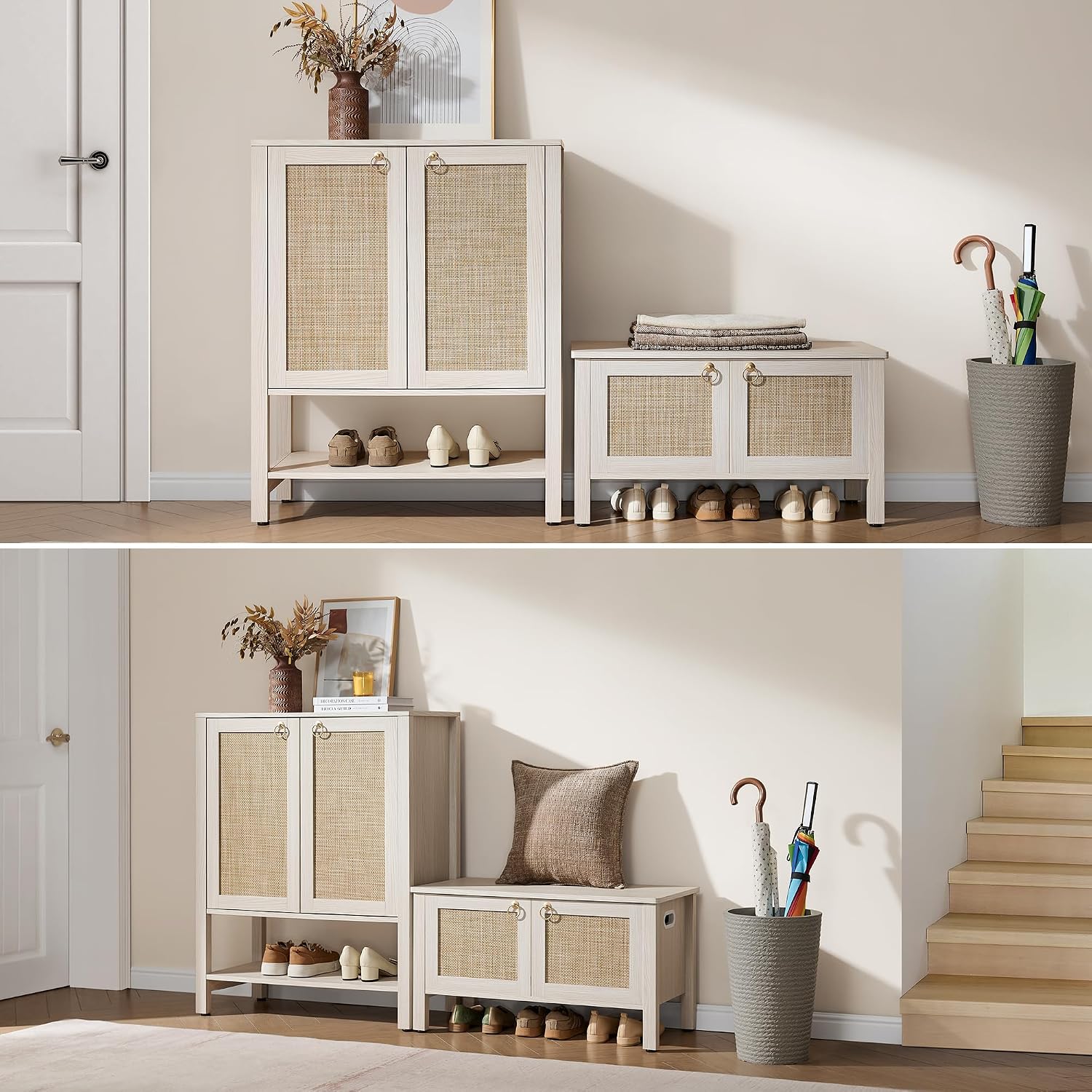 SICOTAS Rattan Shoe Rack Bench with Lift Top Storage: White Farmhouse Boho Shoe Cabinet Entryway Bench with Safety Hinges, Wooden Storage Chest for Bedroom, Entryway, Hallway, Living Room