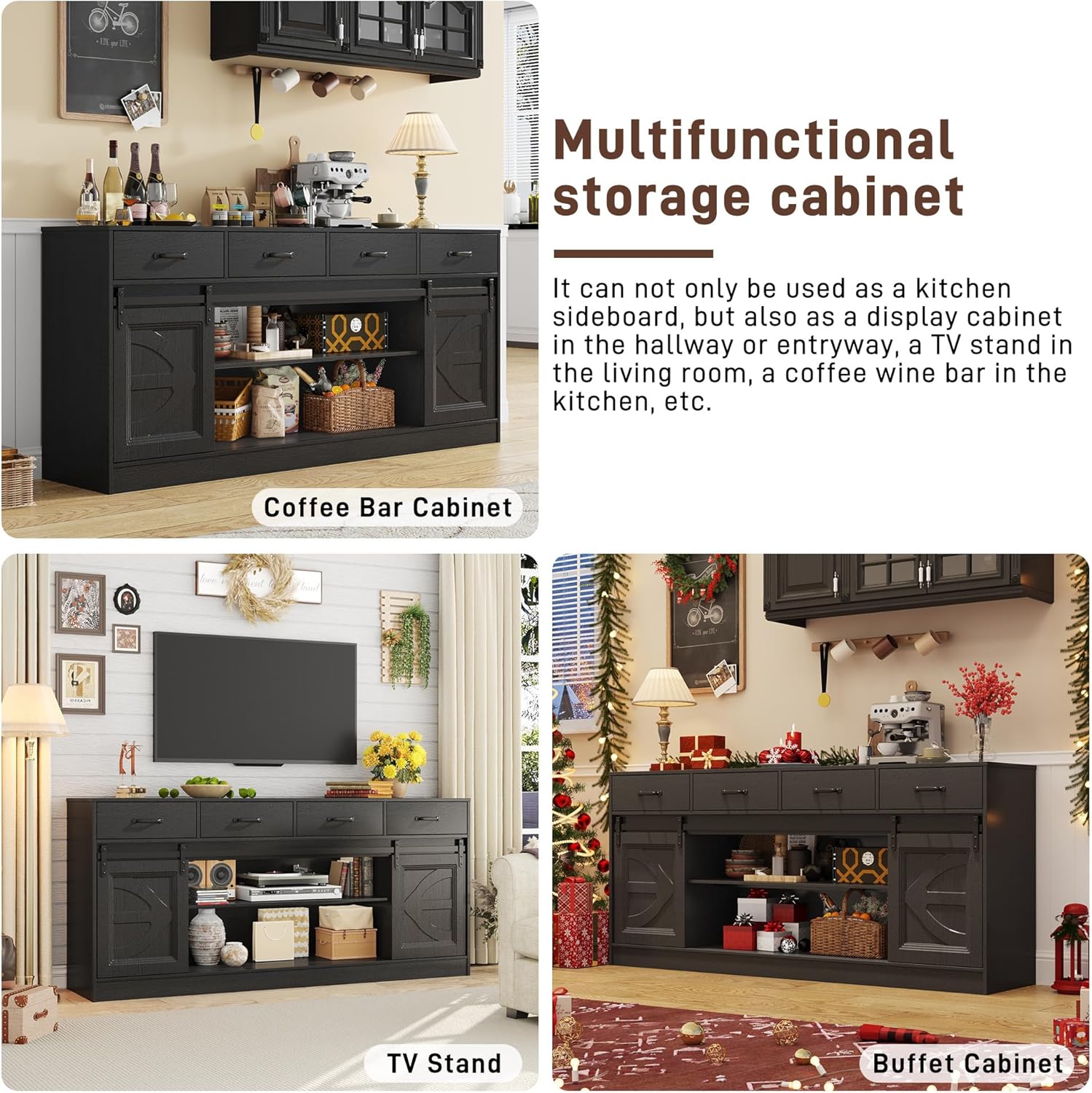 70” Large Buffet Sideboard Cabinet w/4 Drawer,Farmhouse Coffee Bar Cabinet Buffet with Storage,Sliding Door,Long Kitchen Buffet Table,Kitchen Sideboard Cabinet,Credenza for Dining Room,Black