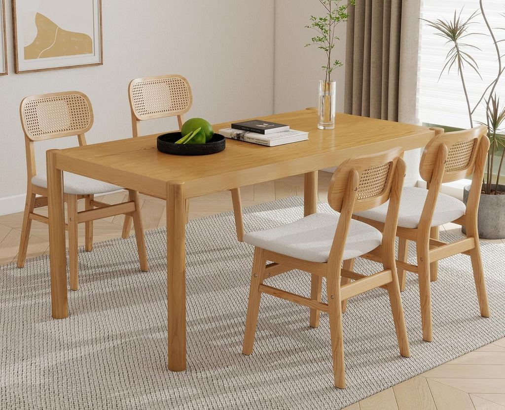 Shunzhi Rattan Dining Chairs Set of 4, Upholstered Farmhouse Dining Room Chairs with Back, Mid Century Modern Kitchen Chairs, Wooden Boho Side Chair for Restaurant, White Sherpa