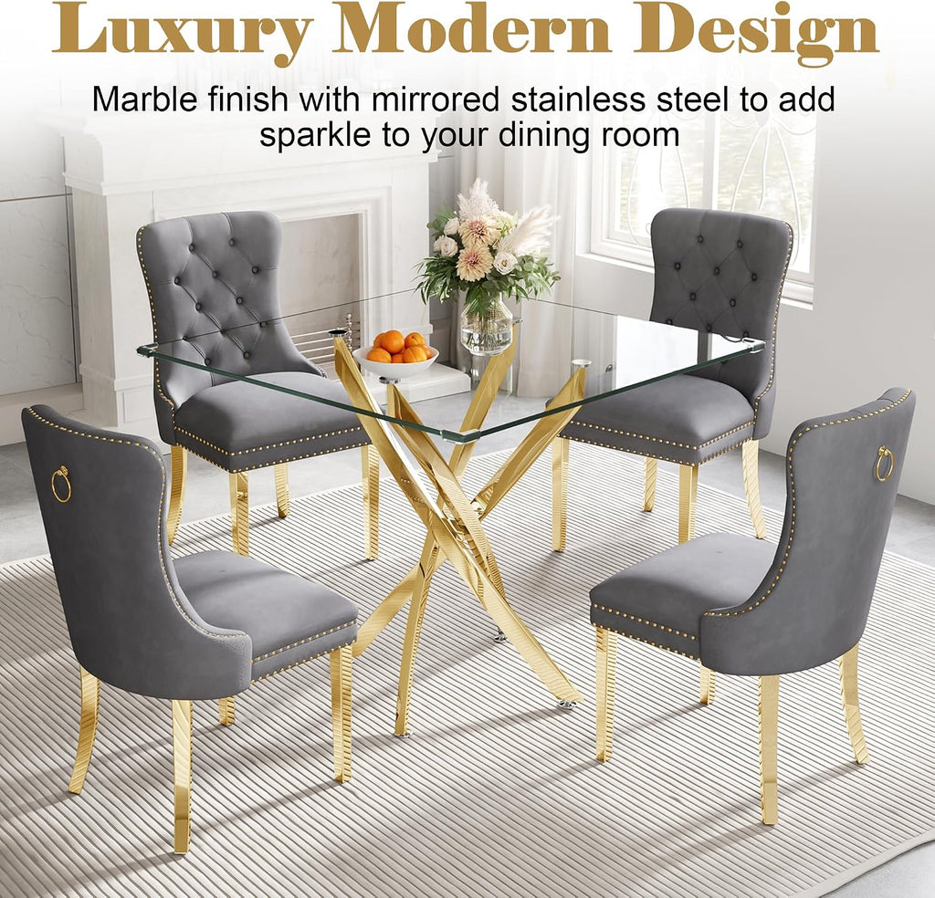 AF ARTISAN FURNITURE 36" Square Glass Dining Table Set for 2, 3-Piece Modern Kitchen Table with 2 Grey Velvet Chairs, Dining Room Table Set for Apartments Small Spaces (Gold Leg)