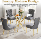 AF ARTISAN FURNITURE 36" Square Glass Dining Table Set for 2, 3-Piece Modern Kitchen Table with 2 Grey Velvet Chairs, Dining Room Table Set for Apartments Small Spaces (Gold Leg)