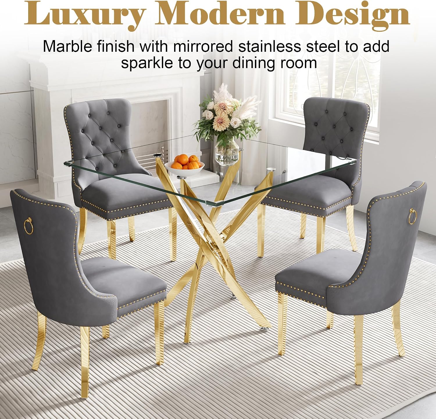 AF ARTISAN FURNITURE 36" Square Glass Dining Table Set for 2, 3-Piece Modern Kitchen Table with 2 Grey Velvet Chairs, Dining Room Table Set for Apartments Small Spaces (Gold Leg)