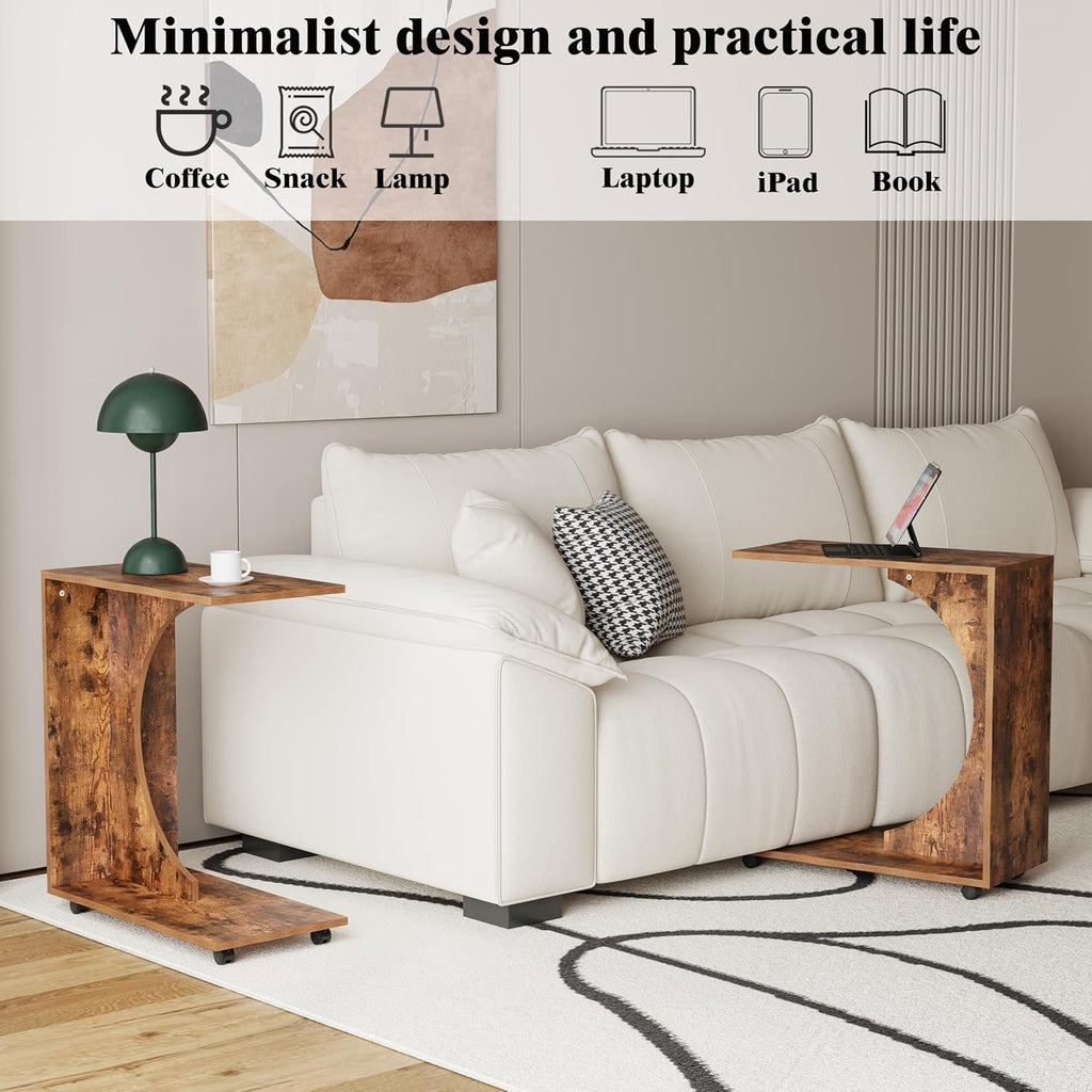 C Table end Table,Rolling Side Table with Wheels,Couch Tables That Slide Under，C Shaped Sofa Tray for Living Room, Bedroom,Chair, 2 PCS