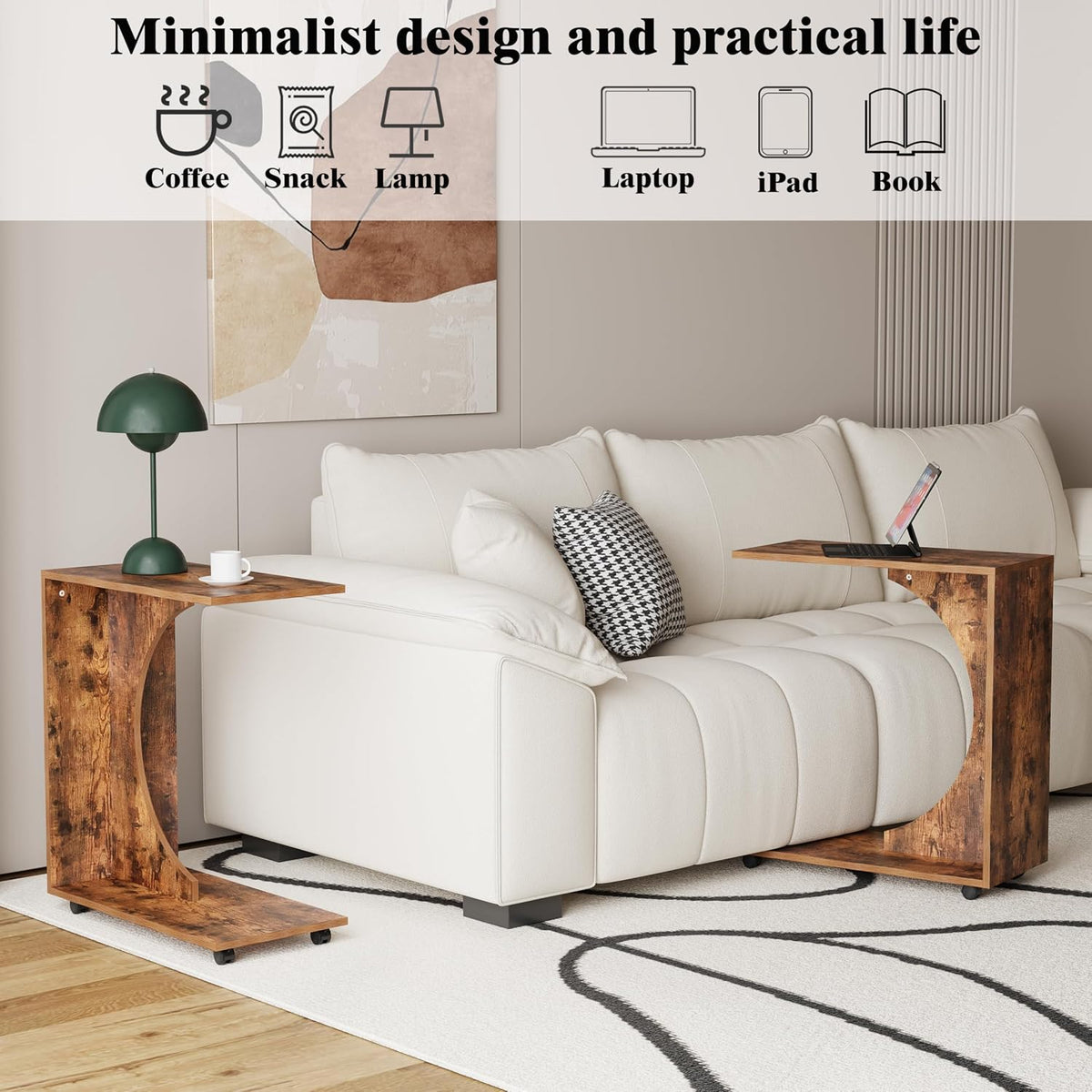 C Table end Table,Rolling Side Table with Wheels,Couch Tables That Slide Under，C Shaped Sofa Tray for Living Room, Bedroom,Chair, 2 PCS