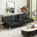 JUMMICO Faux Leather Futon Sofa Bed Futon Couch with Removable Armrests Adjustable Sleeper Sofa Bed with 2 Cup Holders for Living Room (PU Leather, Black)