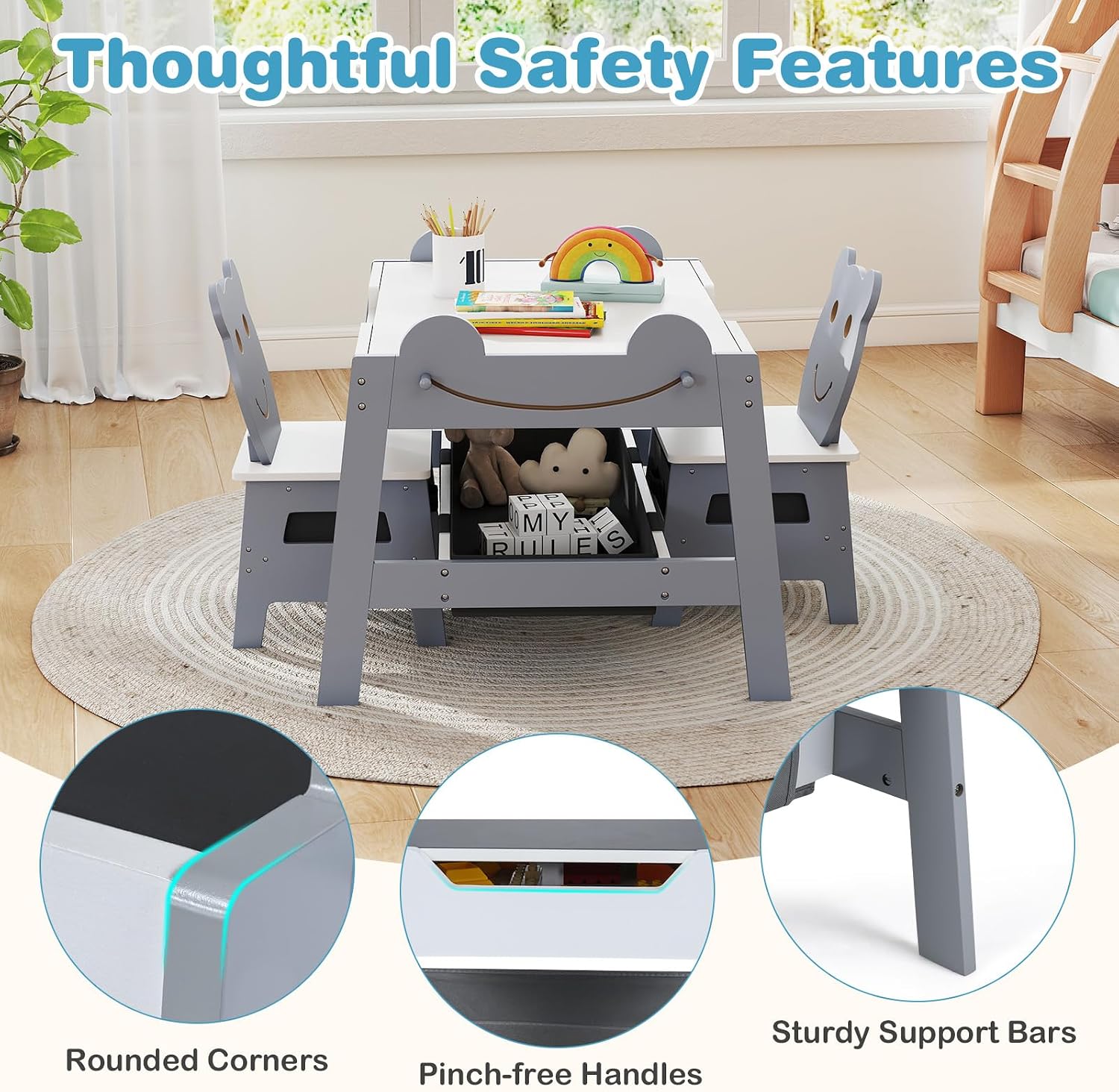 Children's Table with 2 Bear Chairs, 5-in-1 Painting Table with Reversible Board & Whiteboard, Children's Seating Set with Storage Space, 4 Hooks & Fabric Containers for Children 3-10 Years