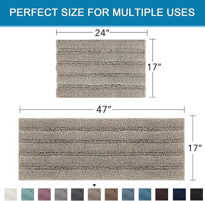 H.VERSAILTEX 2 Piece Bathroom Set - Super Absorbent Chenille Striped Bath Mats, Non Skid, Machine Washable (Taupe, 47 x 17 Plus 17 x 24 - Inches)