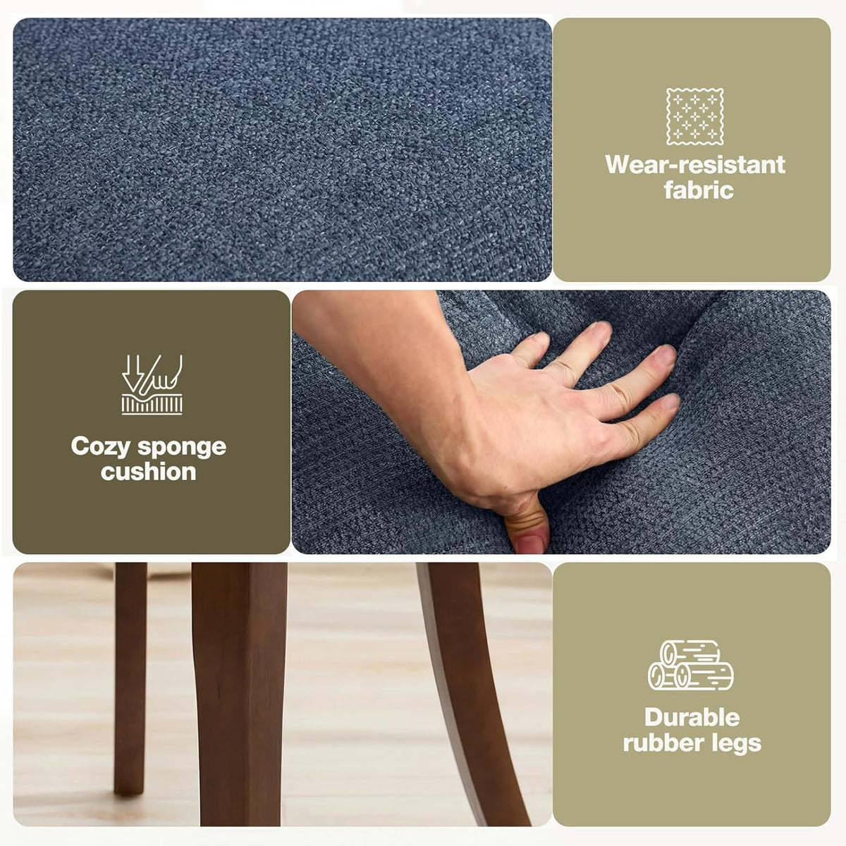 UVV Wooden Dining Chairs Set of 2, Mid Century Upholstered Dining Room Chair Kitchen Chairs, Chenille Dinner Chair with Solid Wood Legs for Kitchen Dining Room, Navy Blue