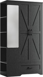 LIKIMIO Armoire Wardrobe Closet 70 Inches, Large Storage with Mirror, 2 Doors, Drawer, and Shelves, Modern Bedroom Freestanding Wooden Wardrobe Combination with Hanging Rail, Black