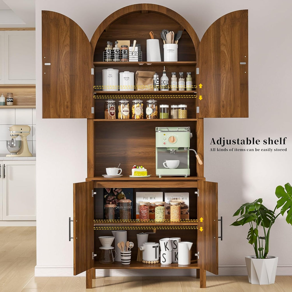 76" Tall Arched Kitchen Pantry, Large Kitchen Storage Cabinet with Fluted Doors and Microwave Stand, Modern Wood Buffet Sideboard, Adjustable Shelves, Cupboard for Dining Room, Living Room, Walnut