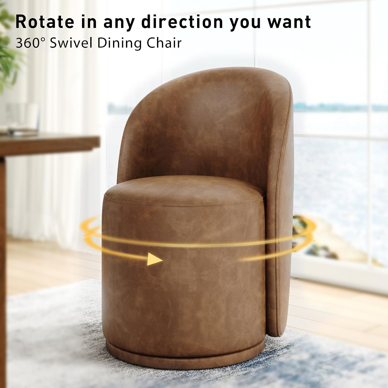 Swivel Barrel Dining Chairs, Upholstered Modern Accent Chair for Living Room, Bedroom, Makeup Vanity, Dining Room, Kitchen (Swivel Leather Brown, Set of 6)