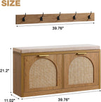 Rattan Narrow Entryway Bench with Shoe Storage, 2 Flip Drawers & Coat Rack, Mid-Century Modern Wood Shoe Cabinet with Seat Cushion for Foyer/Hallway (Rustic Oak Rattan)