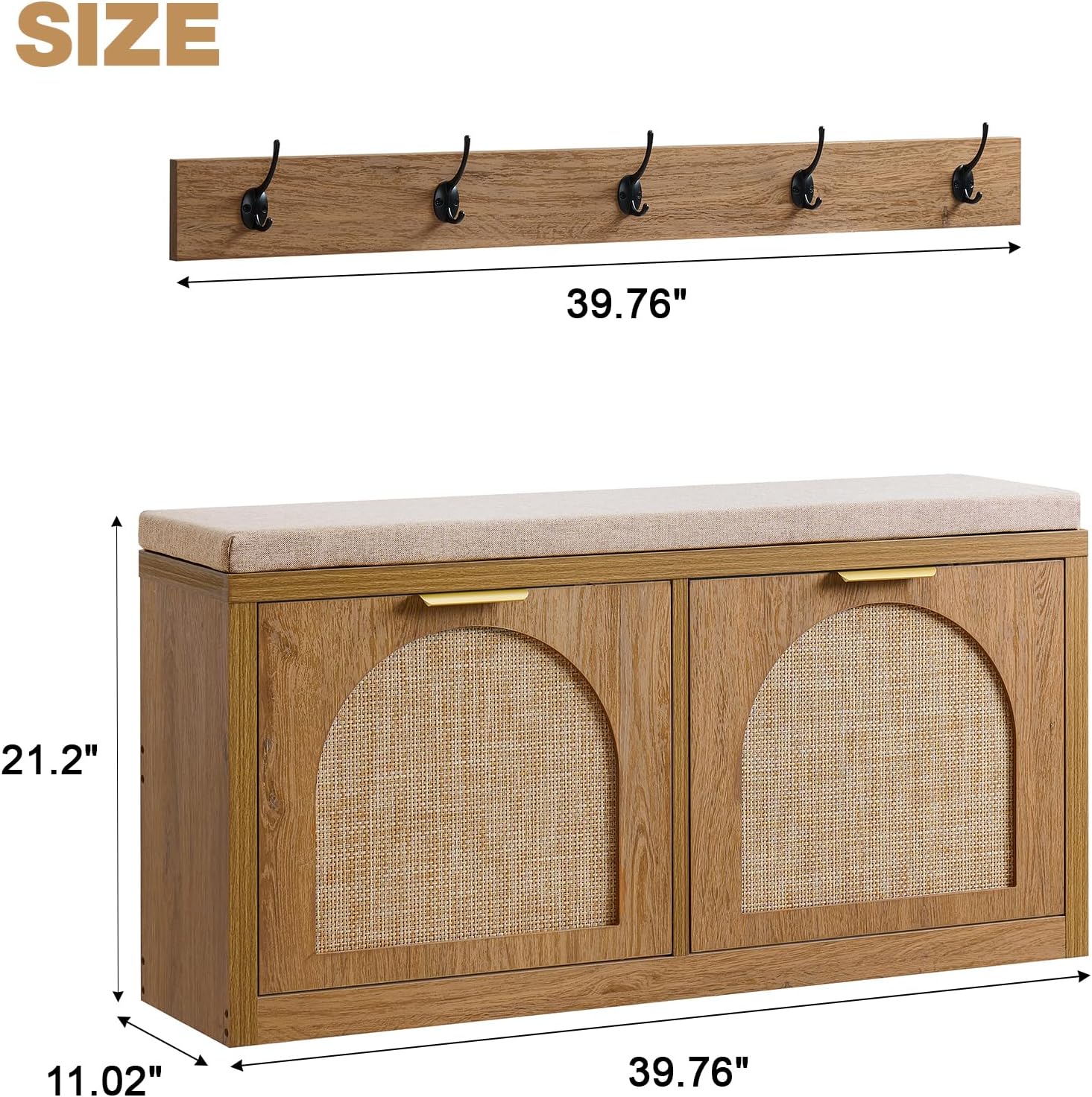 Rattan Narrow Entryway Bench with Shoe Storage, 2 Flip Drawers & Coat Rack, Mid-Century Modern Wood Shoe Cabinet with Seat Cushion for Foyer/Hallway (Rustic Oak Rattan)