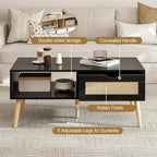 Wood Coffee Table with Storage, Boho Dining Table with Sliding Rattan Door Panel and Solid Wood Legs, Small Coffee Tables for Living Room, Oak (Black_LSJ007)