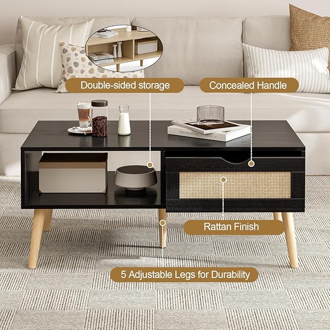 Wood Coffee Table with Storage, Boho Dining Table with Sliding Rattan Door Panel and Solid Wood Legs, Small Coffee Tables for Living Room, Oak (Black_LSJ007)
