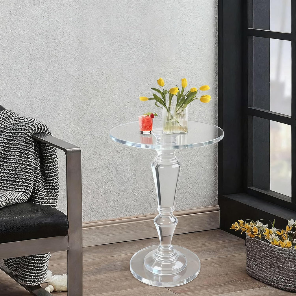 Acrylic End Table Clear Coffee Table with Round Tabletop, Multifuntional Side Drink Tables for Small Spaces Small Side Tables for Living Room Bedroom & Study Rooms, 13" D X 13" W X 20" H