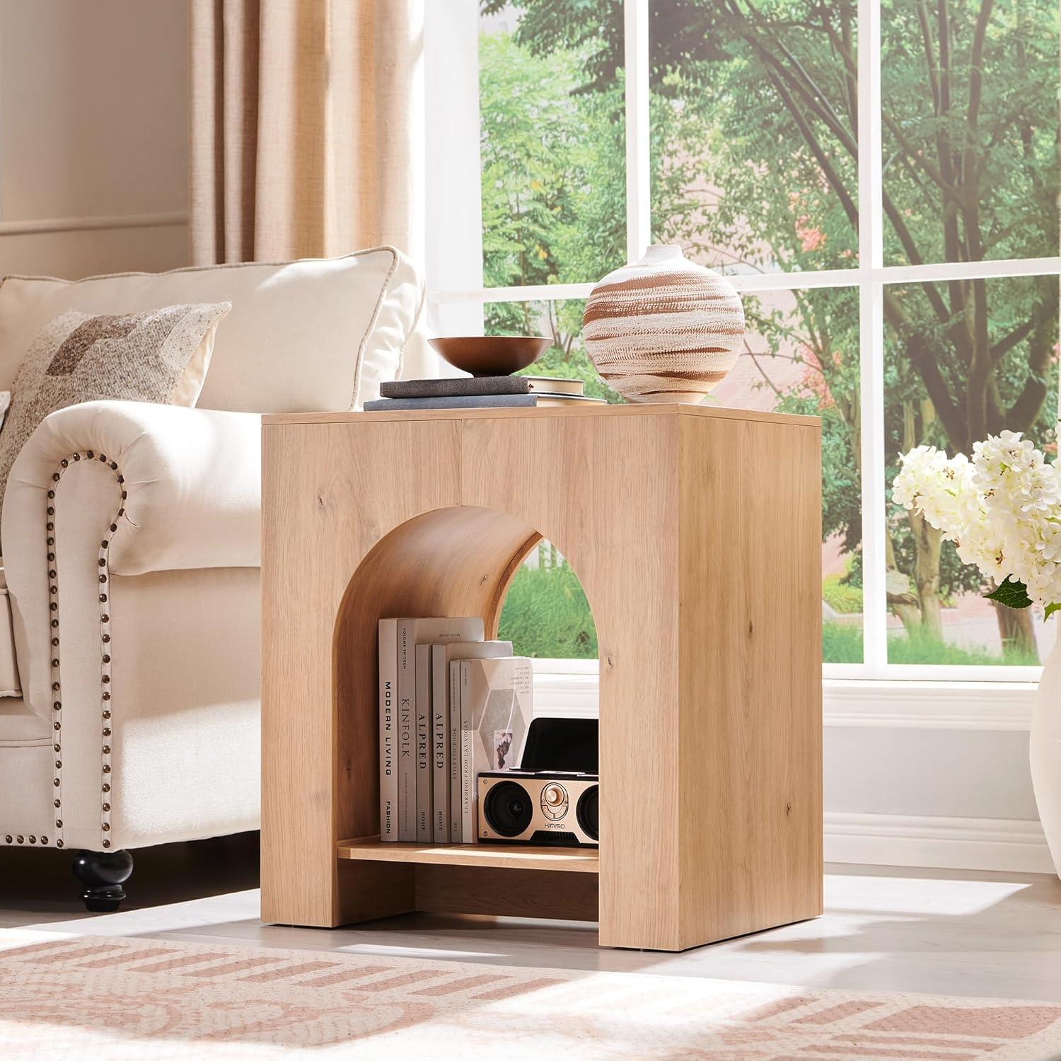 Arched End Table Set of 2 with Type-C Charging Station, 22" Modern Bedroom NightStand with Arched Shelf, Side Table with Outlet, USB, Type-C Port for Bedroom, Natural