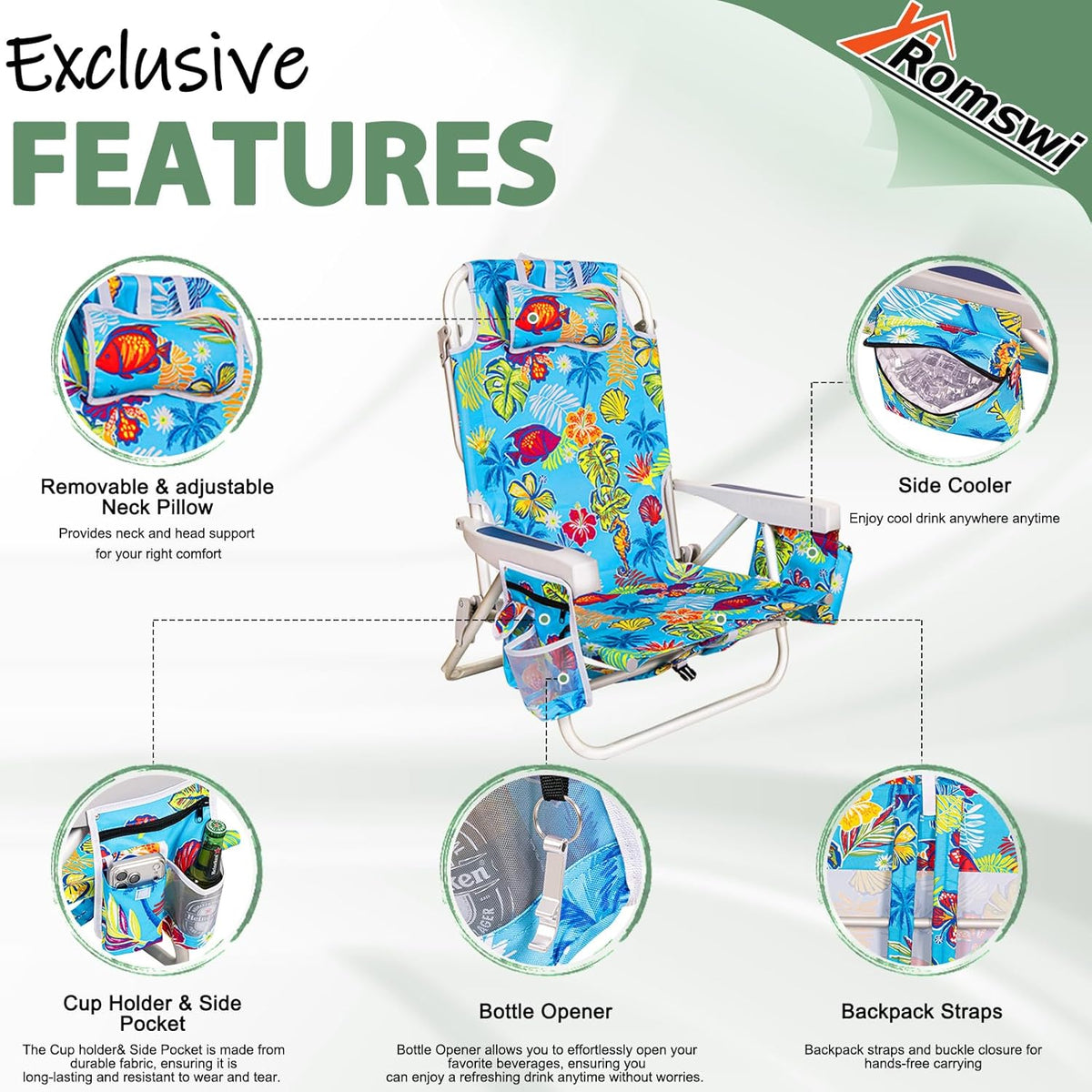 2Pk Aluminum Extra Wide 5-Position Lay Flat Folding Backpack Beach Chairs for Adults, with Cooler Bag, Cup&Phone Holder, Towel Bar for Outdoor Lawn Picnic Sport, Portable Camping Chairs,Tropical Print