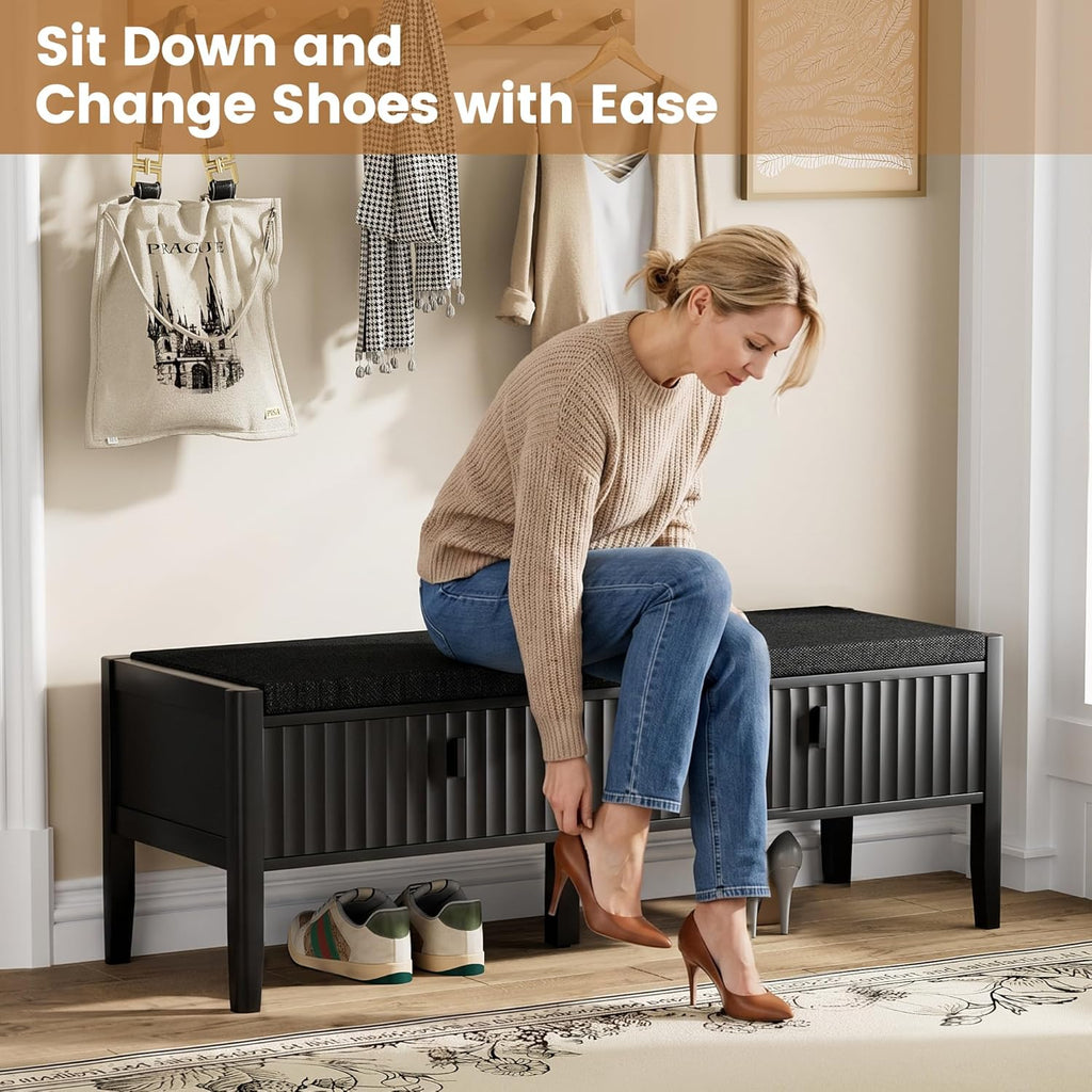 Furniway Black Fluted Shoe Bench with 2 Drawers, Entryway Storage Bench with Thick Padded Cushion Seat, Open Bottom Shoe Storage Shelf for Hallway, Living Room, Bedroom, 47.2" W