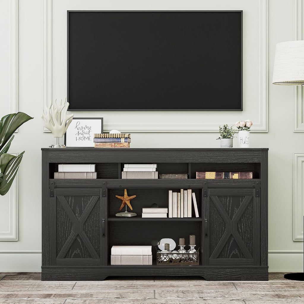 FansaFurn Farmhouse TV Stand for 65+ Inch TV | 34" Entertainment Center with Sliding Barn Doors, Rustic Wood Storage Cabinet for Living Room, Bedroom, Black