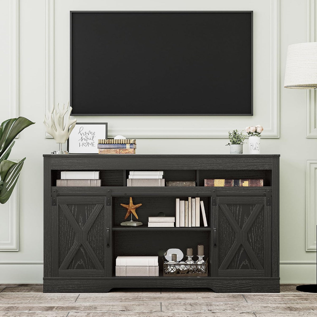 FansaFurn Farmhouse TV Stand for 65+ Inch TV | 34" Entertainment Center with Sliding Barn Doors, Rustic Wood Storage Cabinet for Living Room, Bedroom, Black