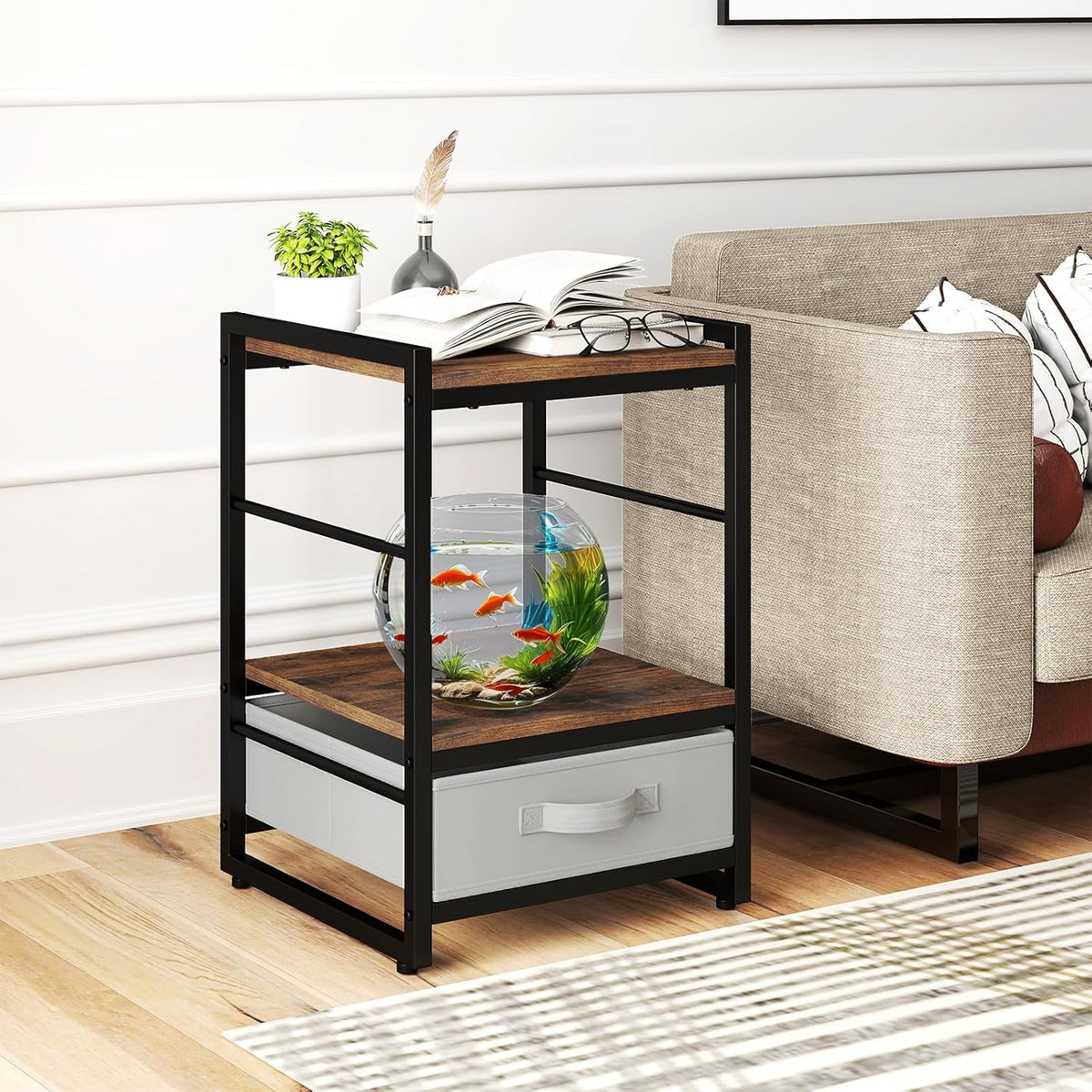 Giantex Industrial Nightstand with Storage Drawer, Rustic Bedside Table with Metal Frame & Open Shelf, 16 Inch Small Side End Table for Bedroom, Living Room, or Apartment, Rustic Brown